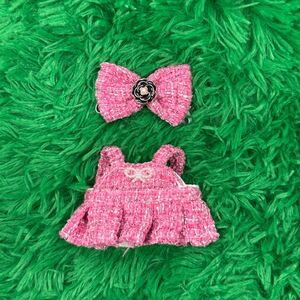 NWT Labubu Pink Tweed Flower Embellishment Straps Skirt Dress And Bow